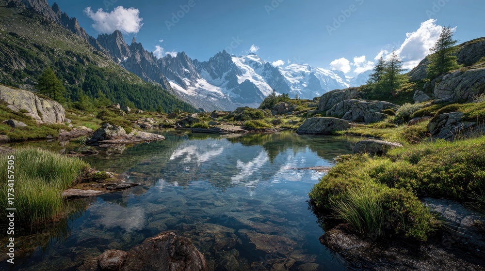 Fototapeta premium Serene alpine lake reflecting majestic peaks. Clear, calm water mirrors a vibrant mountain landscape. Rocky shoreline, lush vegetation, and a crisp blue sky with puffy clouds