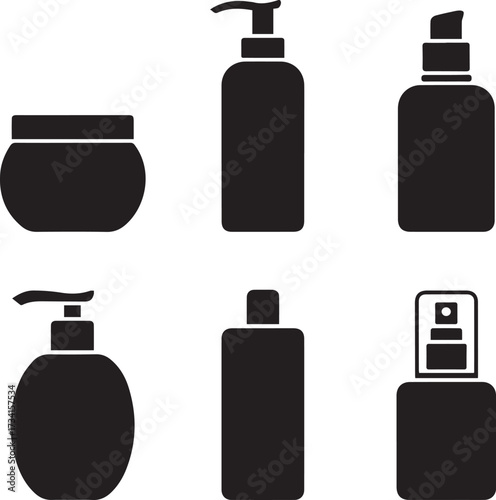 Cosmetic bottle silhouettes set six different container shapes for skincare and beauty products
