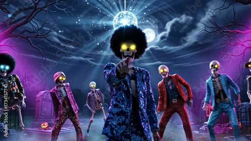 Spooky skeletons dance disco in a haunted cemetery at night for Halloween parties!