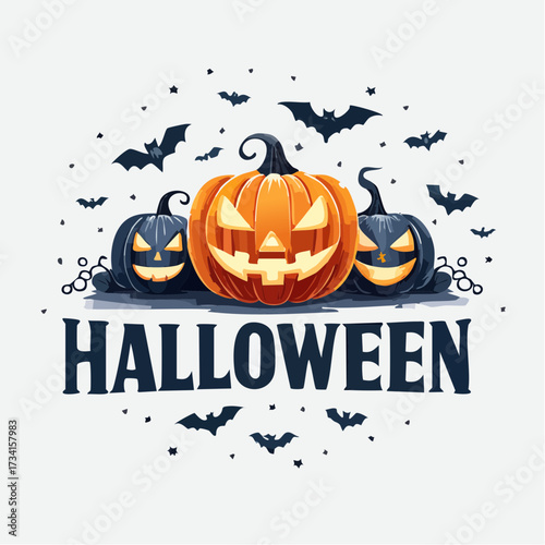 Festive Halloween Pumpkins: A captivating image of vibrant Halloween pumpkins with carved faces, with spooky bats adds a touch of mystery, embodying the spirit of All Hallows' Eve.