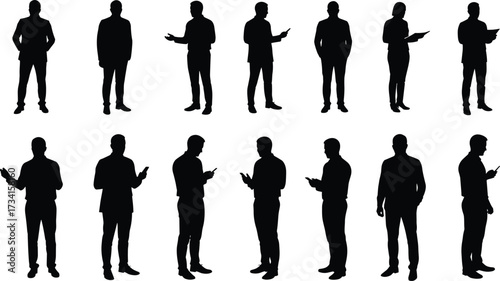 Silhouettes of business people using smartphones, tablet in hand, digital communication, standing pose set, black figure design on white background, corporate office vector art