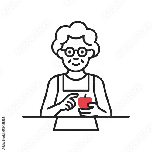 Elderly Woman in Apron Examining Red Apple Illustration