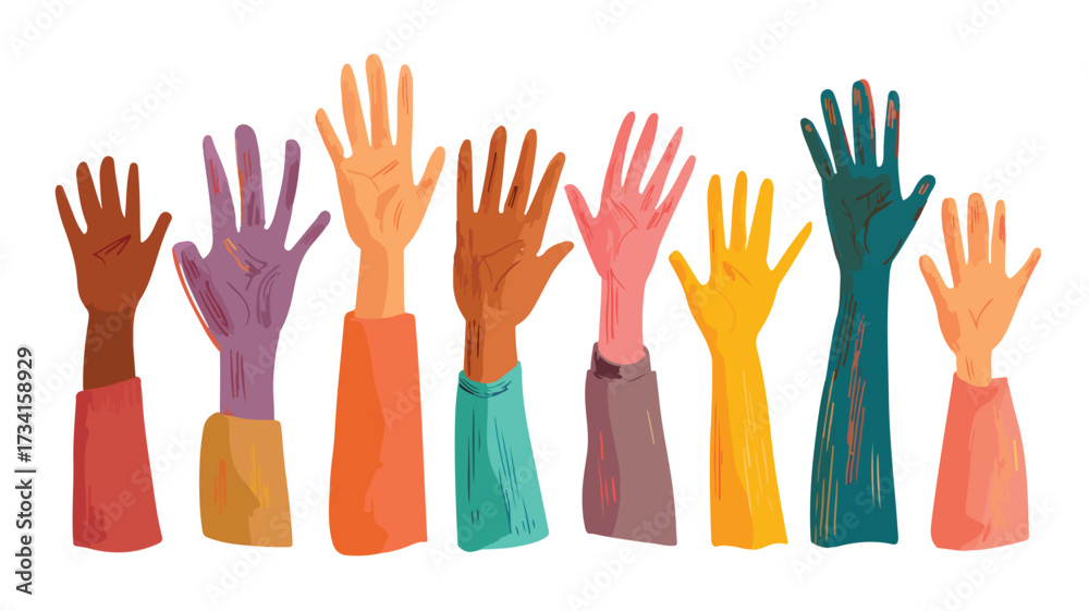 Obraz premium Dynamic Flat Style Vector of Hands Stretched Up for Creativity and Unity
