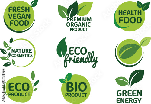 Eco Friendly Vegan Organic Food Product Label Set on Transparent Background