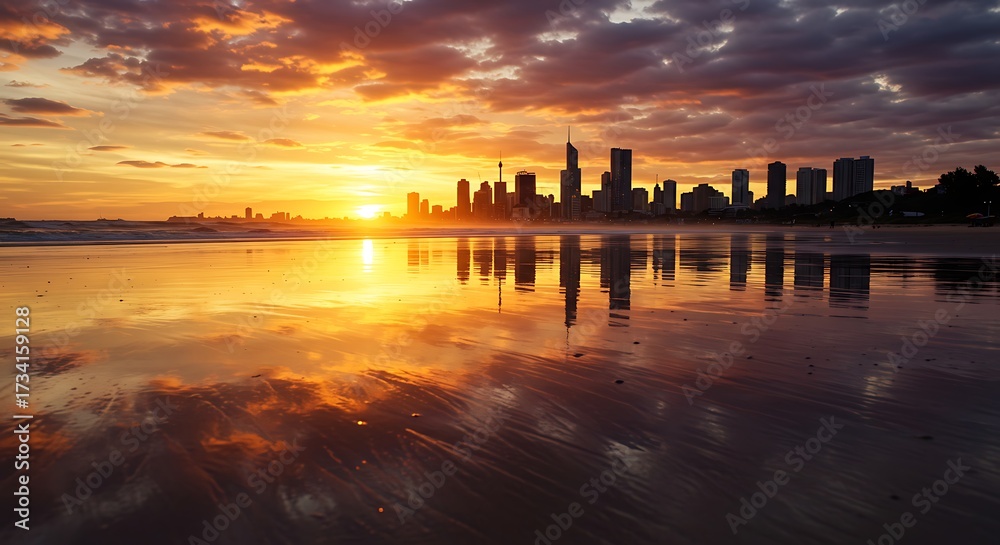 Fototapeta premium City sunset beach reflection