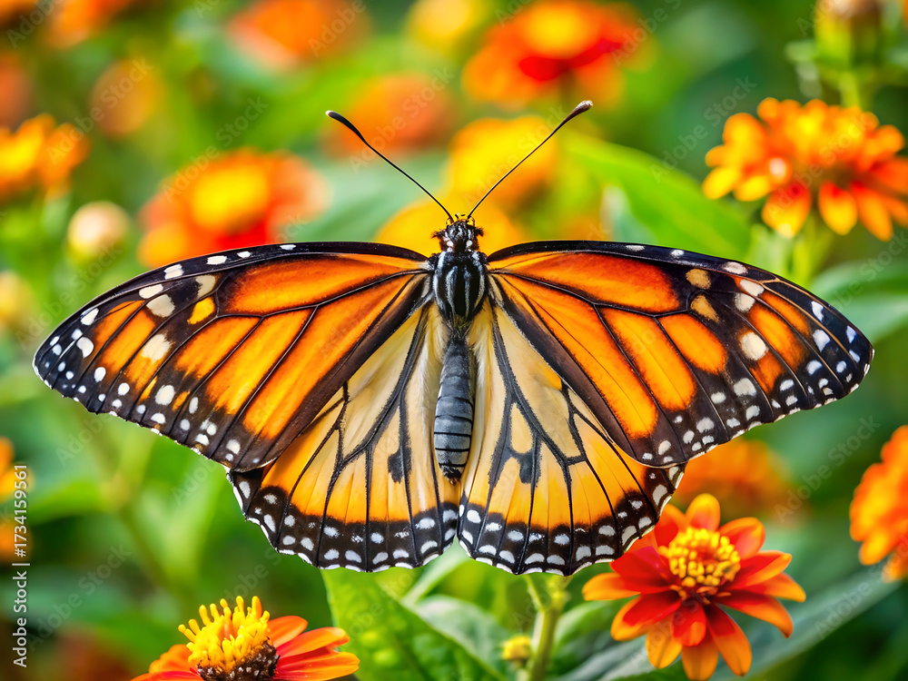 Fototapeta premium Monarch butterfly with orange and black wings rests on a flower in a garden
