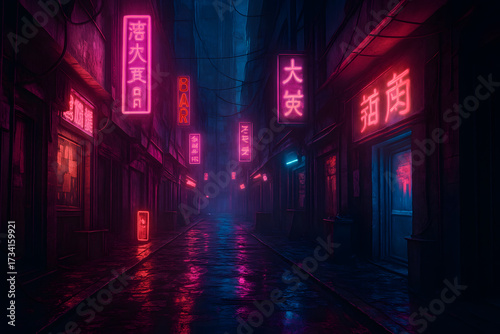 Dark futuristic alley illuminated by vibrant neon signs in pink and blue tones, cyberpunk city atmosphere with moody reflections..