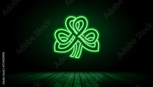 Neon green shamrock symbol on dark background for St. Patrick's Day  