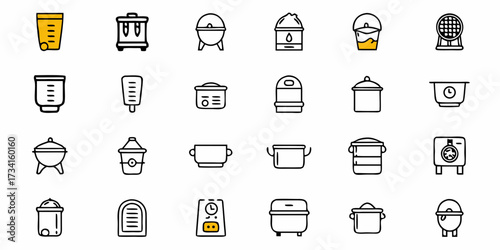 Diverse collection of cookware icons, showcasing pots, pans, and cooking vessels for culinary arts, food preparation, kitchen design, and restaurant branding visuals