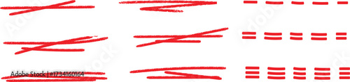 Red brush stroke line set with solid, angled, and dashed variations. Minimal abstract marker line elements for decoration, underline, highlight, and graphic design projects.
