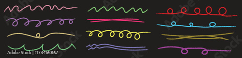 Colorful hand-drawn decorative lines set. Wavy, curly, spiral, and loop underline or divider elements. Fun doodle stroke collection for highlights, borders, and creative design projects.