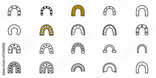 Lucky Horseshoe Collection Icon Set: Equestrian Charm and Good Fortune Symbols, Ideal for Western Themes and Unique Designs, Symbolizing Luck and Protection