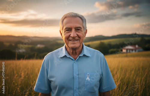 elderly man prostate cancer survivor wearing a blue shirt in a field on blue november