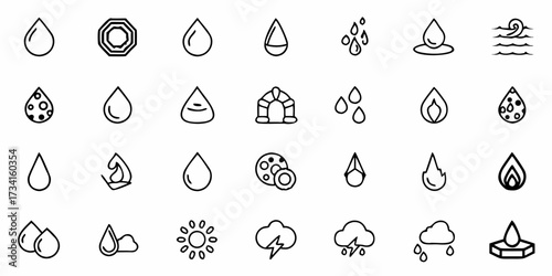 Dynamic set of weather elements, water drops, and nature icons, perfect for websites, apps, and creative designs, conveying freshness and sustainability
