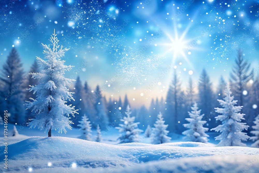 Fototapeta premium Snowy Forest Landscape with Bright Starry Sky winter