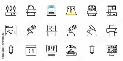 Modern Line Art Icons Representing Manufacturing and Scientific Equipment, Perfect for Innovative Tech Designs, Robotic Automation, and Industrial Engineering Projects
