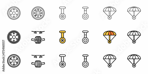 Diverse Transportation Icons Set, Featuring Wheels, Unicycle, and Parachute, Showcasing Mobility and Travel Options, Perfect for Design Projects Related to Vehicles and Transportation