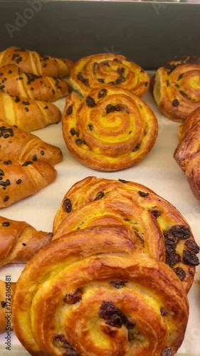 Vertical Sweet pastry displayed on a shop counter, showing baked goods arranged for sale. Food retail and everyday consumer culture, reflecting traditions of bakery products in daily nutrition.