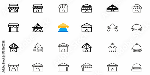 Discover a versatile collection of market stall and tent icons, perfect for event planning, business promotions, and creative projects, offering diverse visual styles for any design need.