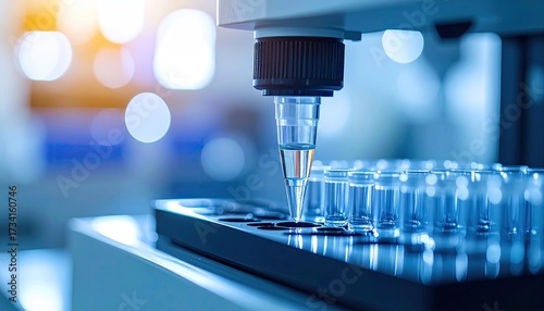 Automated Pipetting System Precision Dna Sample Handling in Clean Sterile Tones Modern Biotechnology White and Blue Hitech Equipment Scientific Research Laboratory Experimentation