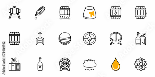 Discover a versatile collection of crisp line art icons representing barrels, bottles, liquid drops, and brewing elements, perfect for modern beverage and industry designs.