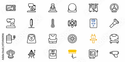 Modern and vibrant collection of hand-drawn icons representing diverse household appliances, tools, and electronic devices, perfect for digital projects and creative designs