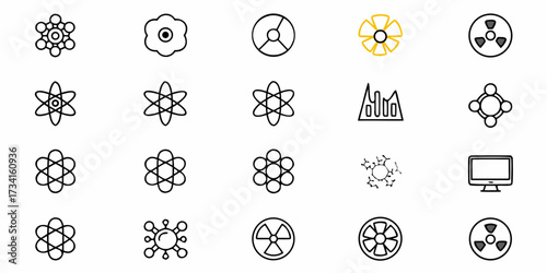 Discover a versatile collection of science and technology icons, including atoms, molecules, radiation symbols, graphs, and computer displays for innovative projects