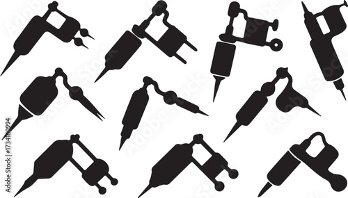 Silhouette Set Tattoo Machines. Vector Illustration Professional Equipment