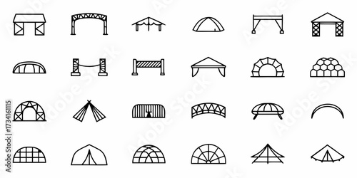 Discover a diverse collection of modern shelter icons, including tents, arches, and pavilions, perfect for event planning, outdoor adventures, and architectural concepts