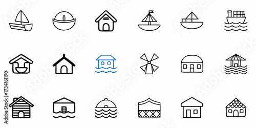 Charming collection of simple icons featuring various boats, houses, and a windmill, perfect for nautical themes, travel, or architectural concepts.