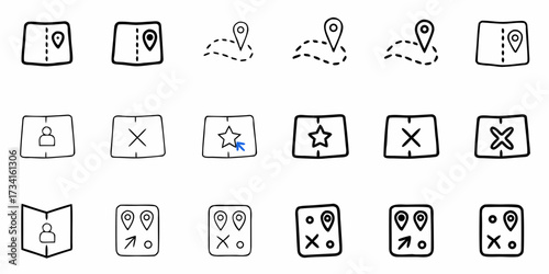 Hand-drawn map icons and navigation elements for travel planning, route finding, and location tracking, perfect for apps and websites seeking a unique, creative touch.