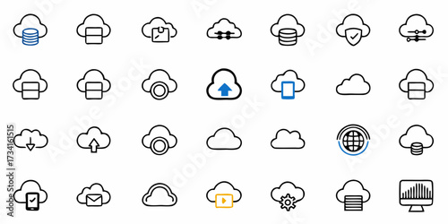 Dynamic cloud computing icons representing data storage security connectivity mobile access and digital transformation for modern tech businesses and innovative projects