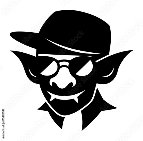 Halloween vector art of a black silhouette of a goblin or imp character wearing sunglasses and a baseball cap, with sharp teeth and pointed ears