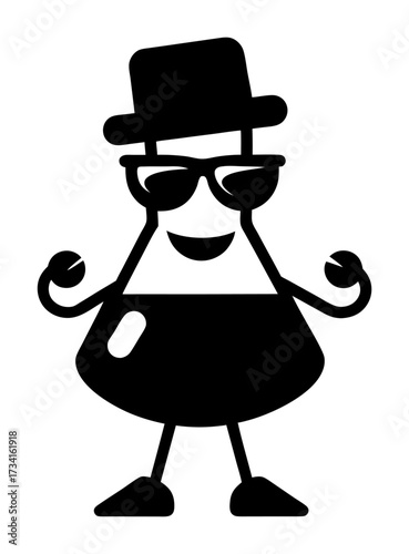 Halloween vector art of a cartoon illustration of a smiling erlenmeyer flask character wearing a hat and sunglasses, flexing its arms, isolated a