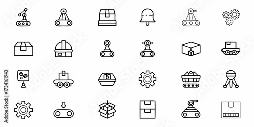 Automation and Logistics Icons Pack for Web Design, Modern Line Style Represents Robotics, Conveyors, and Gears – Ideal for Tech and Industry Visuals