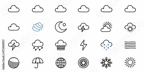 Weather Forecast Icons Set for App Design and UI, Featuring Clouds, Sun, Moon, Rain, Snow, Wind, and Storms, Perfect for Weather Applications and Interface Designs