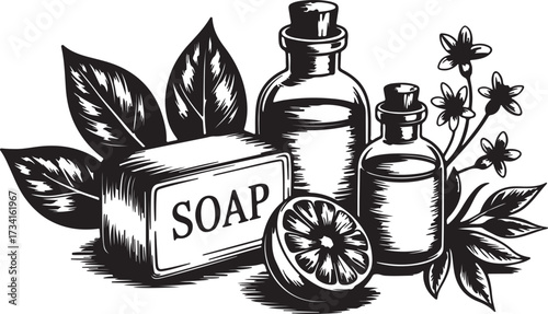 Soap with bottles and citrus fruit illustration for cosmetics label