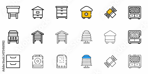 Collection of Beehive Illustrations for Honey Production and Beekeeping Designs, Perfect for Apiary Concepts and Nature-Inspired Projects, originally a scalable graphic