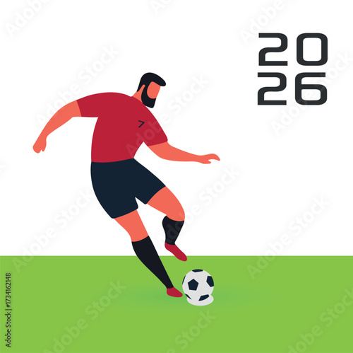 Soccer Player with Ball Vector Illustration for 2026. Perfect for sports design, football championship promotion, tournament graphics, and fan merchandise.