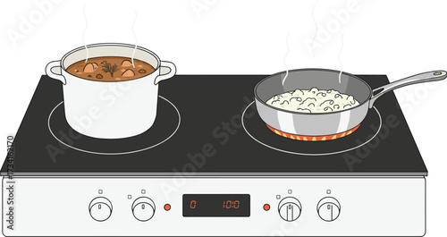 Cooking pot and pan on stove with food being prepared