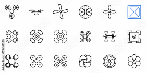 Whimsical collection of minimalistic icons, a creative array of propellers, fans, and geometric designs, perfect for tech, innovation, and modern design projects