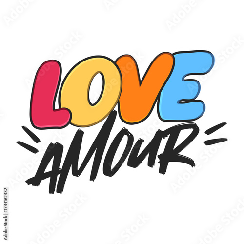 Colorful "Love Amour" text design with bold playful typography, perfect for t-shirt prints, posters, stickers, or modern vector artwork for romance and positive vibes.