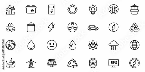 Eco-Friendly Energy Solutions & Environmental Protection: Modern Icon Set for Sustainable Living and Green Initiatives, Powering a Cleaner Future with Renewable Resources
