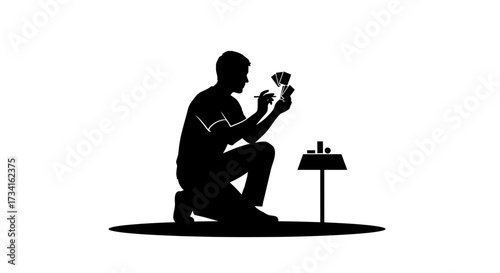 Skillful card player concentrating on a game, demonstrating strategy and focus in a minimalist setting