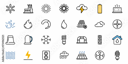 Sustainable Energy Icons Showcasing a Greener Future, Renewable Resource Symbol Set, Eco-Friendly Living, Clean Energy Solutions for a Better Tomorrow, Power & Nature