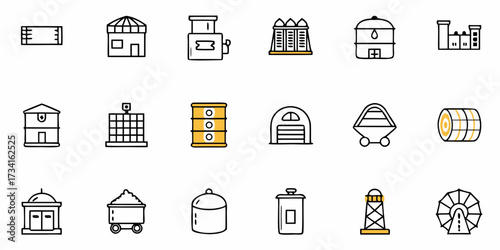 Explore a collection of charming agriculture and industrial icons, perfect for illustrating farming, manufacturing, and rural life with a modern, minimalist touch