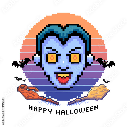 Pixel art vampire face with brooms and bats happy halloween isolated on white background