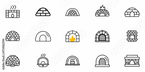 Diverse oven and igloo icons evoke warmth and shelter, perfect for culinary, construction, or adventure themes in your next design project or creative venture