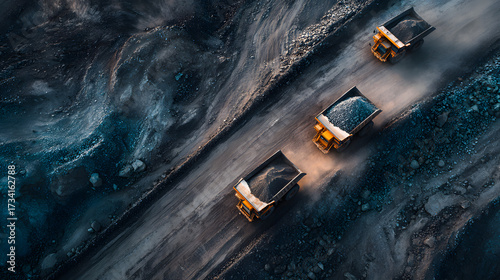 Coal mining from above, open pit mine, extractive industry for coal, top view
