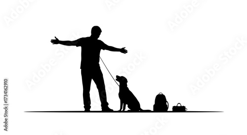 Dedicated trainer guiding loyal dog through obedience commands in a clean, simple silhouette style